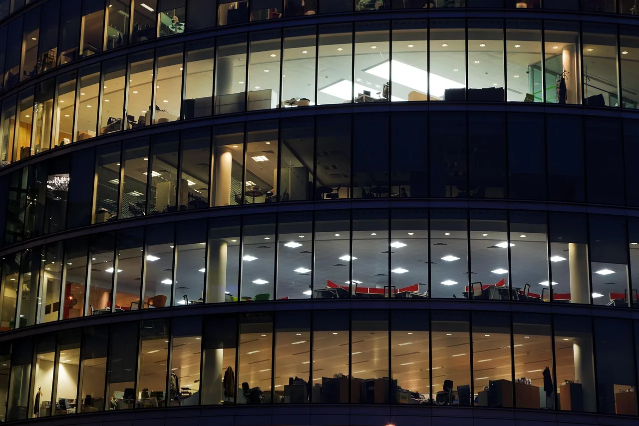 architecture, building, business, chair, chairs, dark, empty, evening, frame, glass, interior, light, lights, modern, night, office, view, wall, window, work. How to read a US job offer from at-will employment to equity