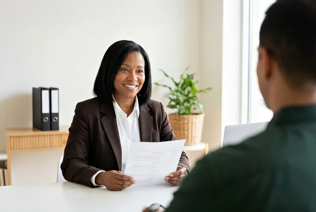 woman, professional, interview, affairs, office, smiling, candidate, document, meeting, desk, diverse, employee, track, hr, manager, business, recruitment, applicant, african american, happy, recruit, employer, ai generated. What Matters in Management Jobs: Internal Route, Evidence, and Reading a Posting